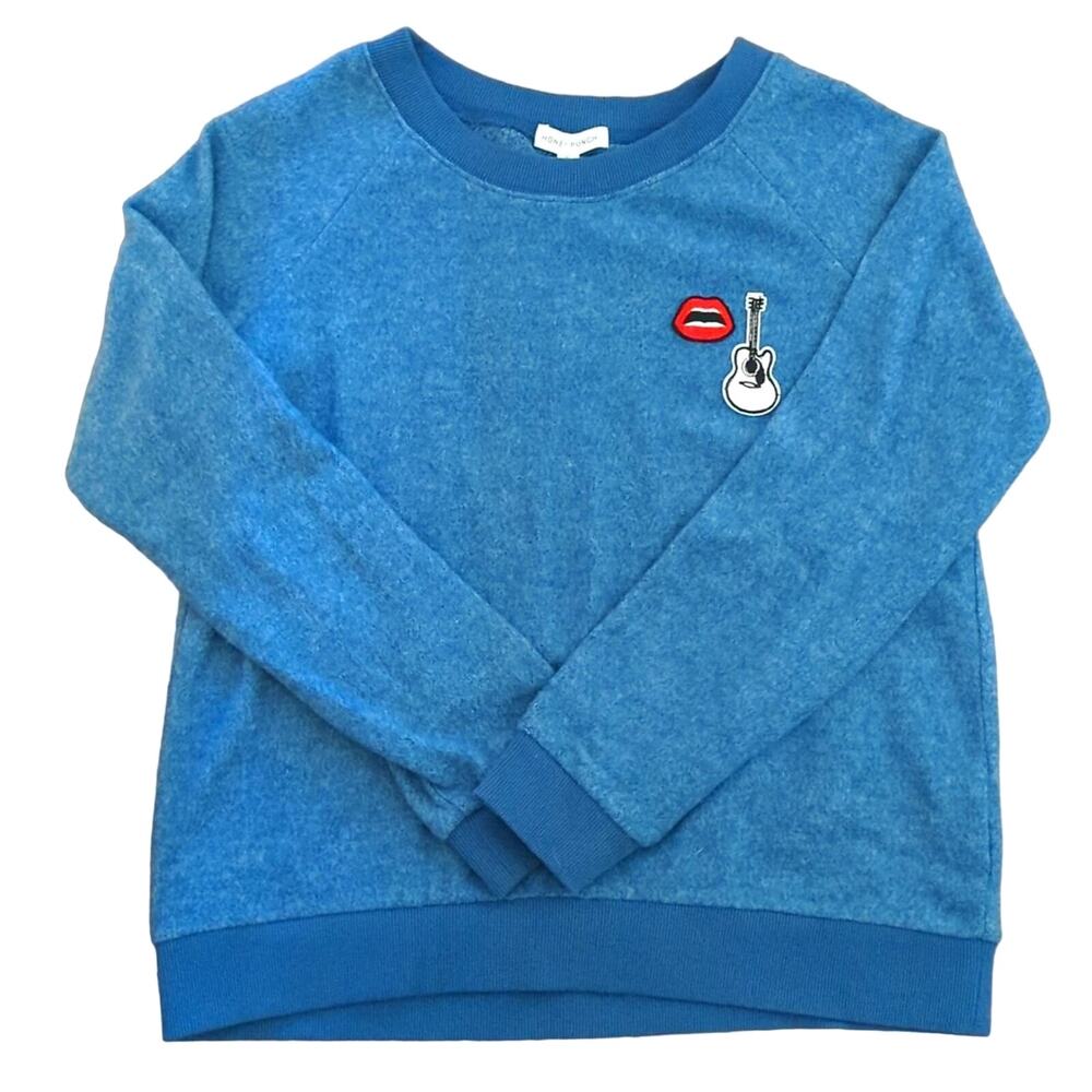 Honey Punch Emoji Novelty Guitar Lips Patch Fleece Crew Neck Sweatshirt NWOT